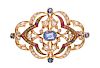 An Antique Yellow Gold, Sapphire, Diamond and Polychrome Enamel Brooch,