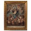 OUR LADY OF REFUGE. MEXICO, 17TH CENTURY. Oil on canvas. With an inscription at the bottom of the image.
