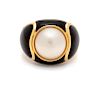 A 14 Karat Yellow Gold, Cultured Mabe Pearl and Enamel Ring,