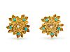 A Pair of Yellow Gold, Diamond and Turquoise Flower Earclips,