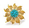 An 18 Karat Yellow Gold and Turquoise Flower Brooch, Cellino,