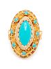 A 14 Karat Yellow Gold, Turquoise and Seed Pearl Ring,