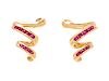 A Pair of 14 Karat Yellow Gold and Ruby Earrings,