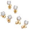 Three diamond 14K yellow gold pairs of stud earrings.