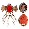 Brooches in 14 Karat Yellow Gold with Coral Cameos and a Painted Miniature 