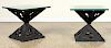 PAIR BRUTALIST STYLE IRON AND GLASS TOP TABLES
