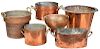 Six Large Copper Cooking Pots