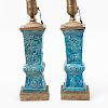 Pair of Chinese Pottery Turquoise Glazed Gu Form Vases, Mounted as Lamps