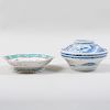Chinese Famille Rose Porcelain Shaped Dish and a Blue and White Bowl and Cover