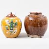 Chinese Yellow Glazed Pottery Ginger Jar and a Brown Glazed Jar
