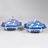 Pair of English Transfer Printed Porcelain Vegetable Dishes and Covers in the 'Blue Willow' Pattern