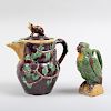 Majolica Parrot Form Jug and an Antonio Alves Grapevine Jug with a Cat Finial