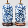 Pair of Chinese Ming Style Porcelain Blue and White Rouleau Vases, Mounted as Lamps