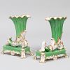 Pair of English Porcelain Apple Green Ground Cornucopia Vases on Stands