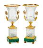 A Pair of Neoclassical Style Gilt-Bronze-Mounted Cut-Glass and Malachite Urns on Stands