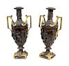 A Pair of Neoclassical Style Parcel-Gilt and Patinated Metal Two-Handled Urns
