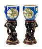 A Pair of Chinese Porcelain Jardinieres on Venetian Figural Pedestals