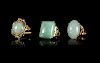 Three Jadeite and 14K Yellow Gold Mounted Rings
Largest interior: diam 3/4 in., 2 cm. 