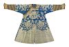 A Blue Ground Embroidered Silk Dragon Robe, Jifu
Collar to hem: 52 1/4 in., 133 cm.