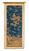 Three Embroidered Silk 'Dragon' Panels
Largest: height 36 1.2 in., 93 cm.
