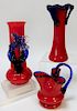 3PC Kralik Red and Blue Bohemian Art Glass Vases