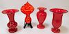 4PC Assorted Red Tango Bohemian Art Glass Vases