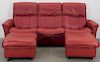 Stressless Red Leather Reclining Sofa and Ottomans