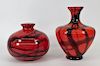 2 Kralik Red Netted Bohemian Art Glass Vase Group