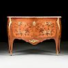 A LOUIS XV STYLE MARBLE TOPPED AND GILT BRONZE MOUNTED BOIS DE BOUT MARQUETRY BOMBÉ COMMODE, LATE 19TH/EARLY 20TH CENTURY,