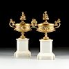 A PAIR OF ITALIAN NEOCLASSICAL STYLE GILT BRONZE LIDDED TAZZA URNS ON STAND, MID/LATE 19TH CENTURY,