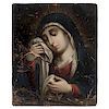 FRANCISCO MARTÍNEZ (MEXICO, CIRCA 1692 - 1758). THE SORROWFUL VIRGIN WITH PASSIONARY ELEMENTS. Oil on copper. Signed. 