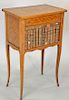 Louis XV style parquetry inlaid stand having single drawer over faux leather front. ht. 31 in., top: 13" x 19 1/2".