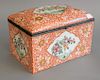 Samson Chinese export porcelain box with cover, iron red faux fret mark and early paper label. ht. 4 3/4 in, lg. 8 1/4 in.