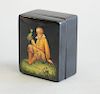 Russian paper mache box painted boy holding a frog with crown, prince. ht. 3 in., wd. 2 1/2 in.