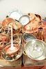 Four tray lots of copper to include early copper strainer spook, pots, pans, strainer etc.