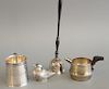 Four piece silver lot bell, small mug, bird and small pourer. 10.5 t.oz.