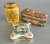 Three small boxes including a gilt metal mounted capodimonte style oblong octagonal box, a gilt metal mounted French porcelain shiel...