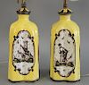 Pair of Italian yellow and manganese decorated bottles now mounted as lamps. ht. 21 in. and 10 1/2".