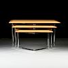 A CONTEMPORARY THREE PIECE SET OF BIRD'S EYE MAPLE AND CHROMED METAL NESTING TABLES, MODERN,