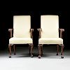 A PAIR OF GEORGE II (1727-1760) STYLE MAHOGANY LEATHER UPHOLSTERED ARMCHAIRS, MODERN,
