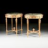 A PAIR OF LOUIS XVI STYLE MARBLE TOPPED AND PARCEL GILT CARVED WOOD SIDE TABLES, MODERN,
