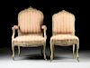 A SET OF SIX LOUIS XV STYLE PAINTED AND PARCEL GILT CARVED WOOD SALON CHAIRS, FRENCH, SECOND HALF 19TH CENTURY,