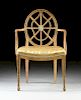 A GEORGE III (1738-1820) NEOCLASSICAL PAINTED ELM AND BEECH ARMCHAIR, after designs by THOMAS SHERATON (1751-1806),
