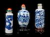 Three Blue and White Porcelain Snuff BottlesLargest: height 3 in., 8 cm. 