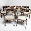 Set of Twelve Regency Style Black Lacquer and Parcel-Gilt Dining Chairs