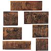7 Paneles de la historia de México. En talla en madera entintada. Anónimo. Con escenas de la Independencia, otros. 51 x 100 x 8 cm.