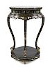 A Chinese Gilt Decorated Black Lacquered Side Stand
Height 35 1/4 x width 20 1/4 x depth 16 1/2 in., 90 x 51 x 42 cm.
