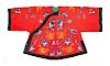 A Chinese Coral Red Ground Embroidered Silk Lady's Jacket 
Length 24 in., 61 cm.