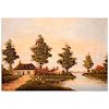 Firmado Cox. Vista de paisaje de cabañas con lago. Óleo sobre tela. Enmarcado en madera tallada. 68 x 98 cm