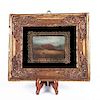 Anónimo. Finales del siglo XIX. Vista de paisaje con campesinos. Óleo sobre lienzo. Enmarcado en madera tallada. 6 x 8.5 cm